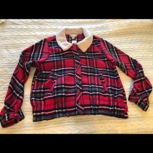 Christopher & Banks plaid “trucker style” jacket with fleece collar
